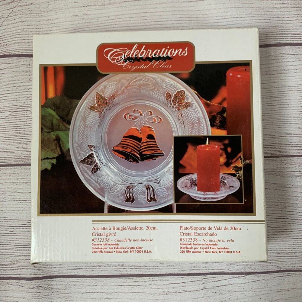 Vintage Celebrations Crystal Clear Frosted Plate Season Greetings Candle Dish 8"